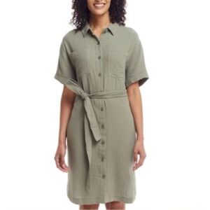 Weatherproof Vintage sage green button front crinkle cotton shirt dress size med